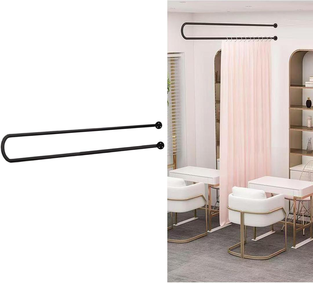 Partition Curtain Rod, U Shaped Curtain Rod with Flat Hooks, Wall Mounted Metal Privacy Partition Rods for Fitting Room Beauty Salon Spa Bedroom Hospital (Black, 6.56ft)