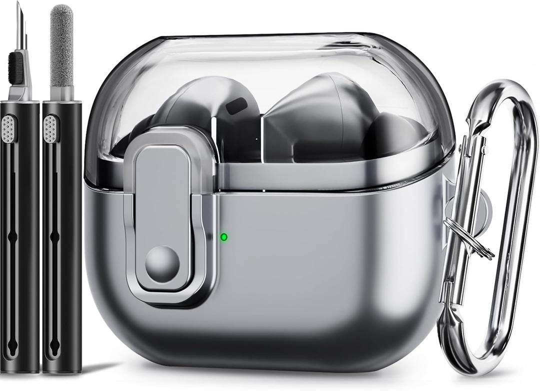 with Safety Lock for Galaxy Buds Pro 3 Case/Galaxy Buds 3 Case with Cleaner Kit for Men Women, Anti-Yellowing Clear Top Cover and Metal Spray Paint Lower Cover for Samsung Buds Pro 3- Black (Metallic Silver Gray)