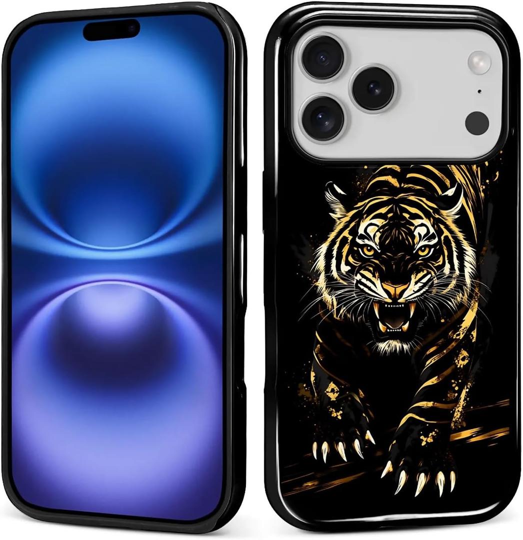 for iPhone 17 Pro Case, Golden Tiger Pattern Glossy 2 in 1 Shockproof Bumper Drop Protective Case for Girl Women Boy Men