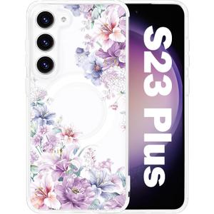 for Samsung Galaxy S23 Plus Magnetic Crystal Clear Flower Case MagSafe Hard PC Back Soft TPU Edges Slim Thin Shockproof Floral Pattern Phone Cover Girls Women Galaxy S23+ 6.6'', Hydrangea