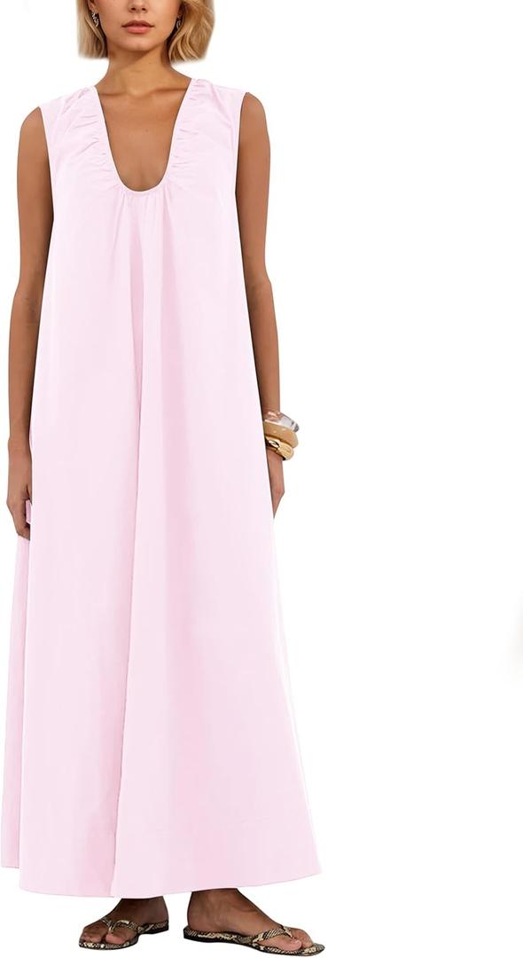Women's Ruched Scoop Neck Sleeveless Maxi Dress Wide Pleated Strap Midi Dress Solid Loose Long Dresses with Pockets (Pink, M)