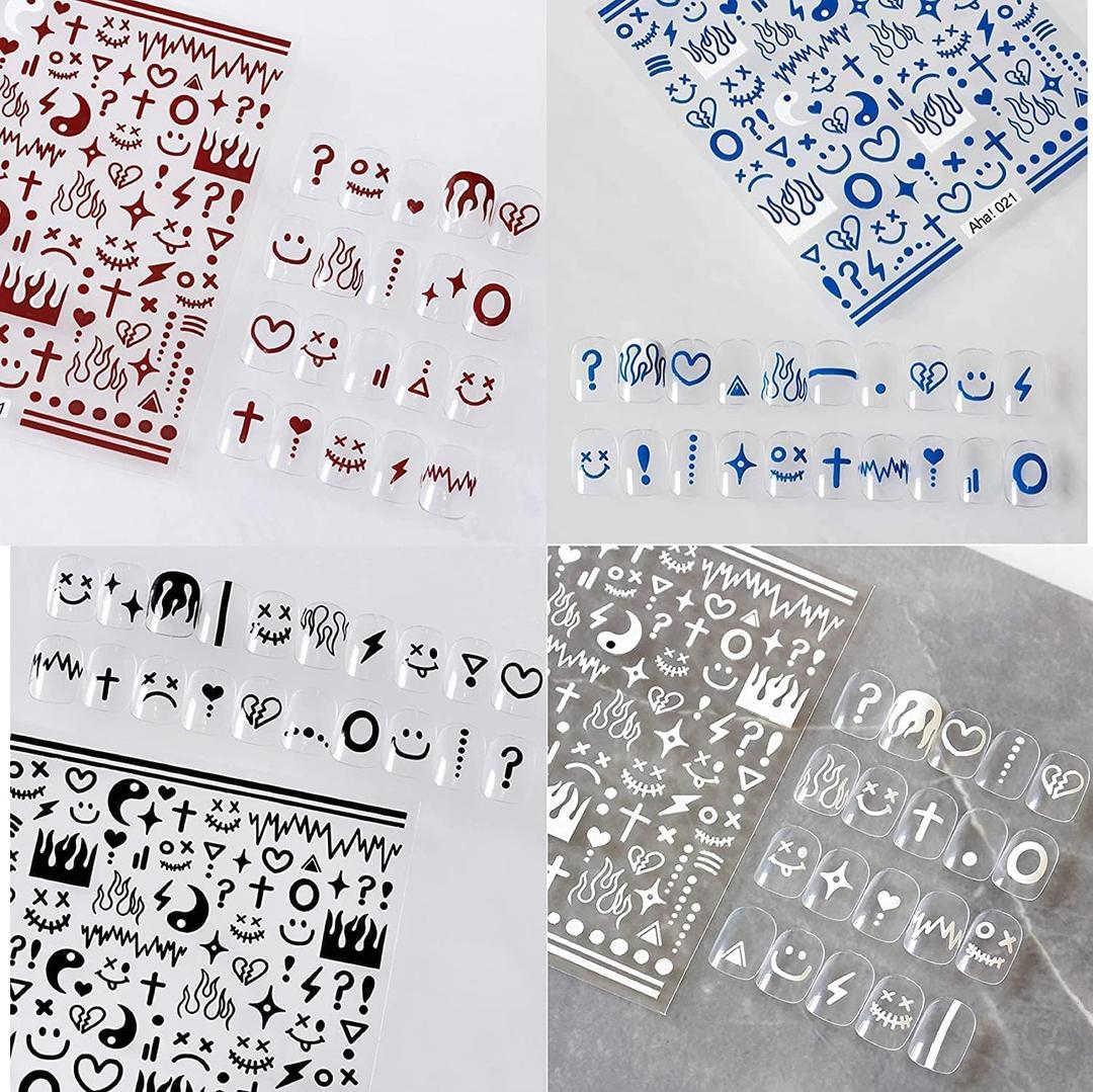 4 Sheets Klein Blue Flame Smile Face Nail Art Sticker Decals ins Minimalist Style Klein Blue Nail Art Sticker Impressionist Lines Star Smile Face for Men and Women Nail Art Decoration (4 Colors)