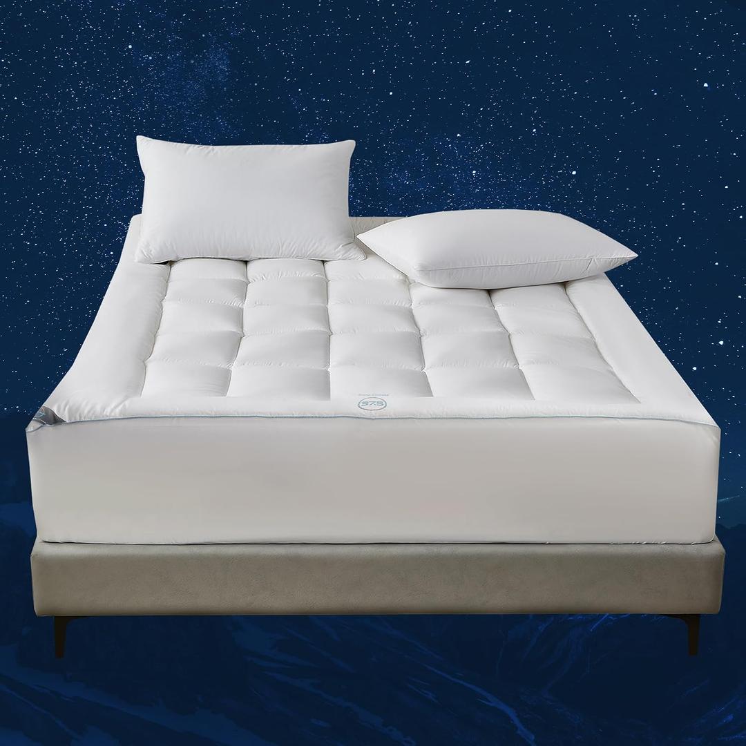 Temperature Regulating Pillow Top Mattress Topper Featuring with 37.5 Technology Full Size - 300 Thread Count Cotton Blend Cover Quilted Fitted Mattress Protector with 8-18" Deep Pocket