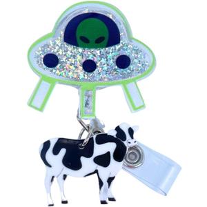 Cute UFO Cow Badge Reel Holder Retractable with ID Clip for Nurse Nursing Name Tag Card Funny Accessories with Alligator Clip Medical Assistant Office Student Work Hospital