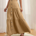 Women’s Boho Maxi Skirt High Waist Tiered Ruffle Long Skirts with Buttons and Drawstring Summer Casual Vacation Outfit Beige XXL