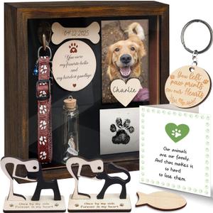 8.6'' Pet Memorial Shadow Box, Rustic Collar Holder Picture Frame, Paw Print Kit, Dog Wooden Sculpture, Pet Hair Fur Jar, Cat Memorial Keychain, Dogs Sympathy Card, Gift for Pet Lovers PSD-4R