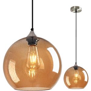 Amber Glass Pendant Lights Kitchen Island Globe Pendant Light Fixtures Modern Pendant Lighting for Bedroom Living Dining Room Light Fixture (9.84 in, 1 Pack)