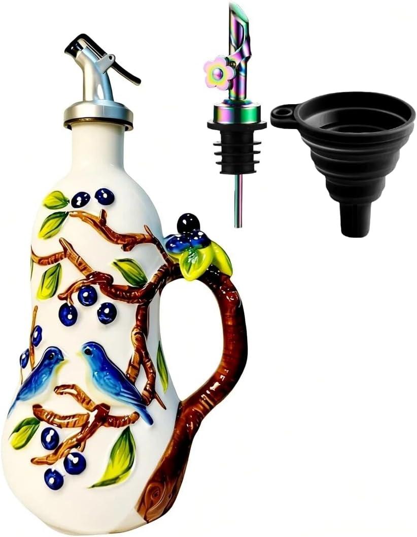 18 oz Hand-Painted Ceramic Relief Olive Oil Bottle Dispenser, with Handle Decorative Olive Oil Dispenser Bottle, Kitchen Ceramic Oil Vinegar Bottle Seasoning Bottle with Stainless Steel Spout & Funnel