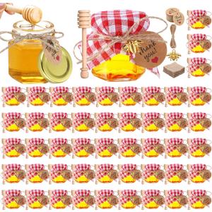 Funnymoom 50 Set Mini Honey Jars Party Favors in Bulk 1.5 oz Hexagon Glass Honey Jar with Dipper Bee Charms Thank You Cards Burlap Jute for Baby Shower Wedding Birthday Gift (Red,White,Vintage)