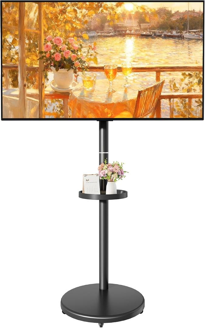 Height Adjustable Rolling TV Stand for 13-43 Inch TV up to 33 Pounds, Portrait to Landscape, Mobile TV Cart with Adjustable Storage Box and Shelf Max VESA 200x200mm