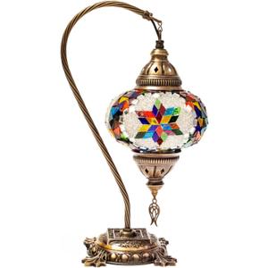 Handmade Turkish Mosaic Table Lamp  Multicolor Rainbow Glass Swan Neck Bedside Light with Antique Bronze Base, Moroccan Style Decor for Bedroom & Living Room  LED Bulb Not Included  15"