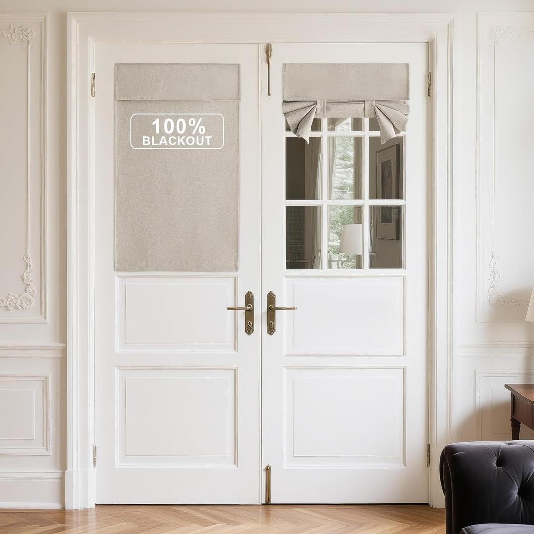 NICETOWN 100% Linen Blackout French Door Curtains, Privacy Door Window Curtains, 26 X 40 Inch Long Room Darkening Blinds, Thermal Insulated Tie Up Shades for Bedroom, 1 Panel, Natural