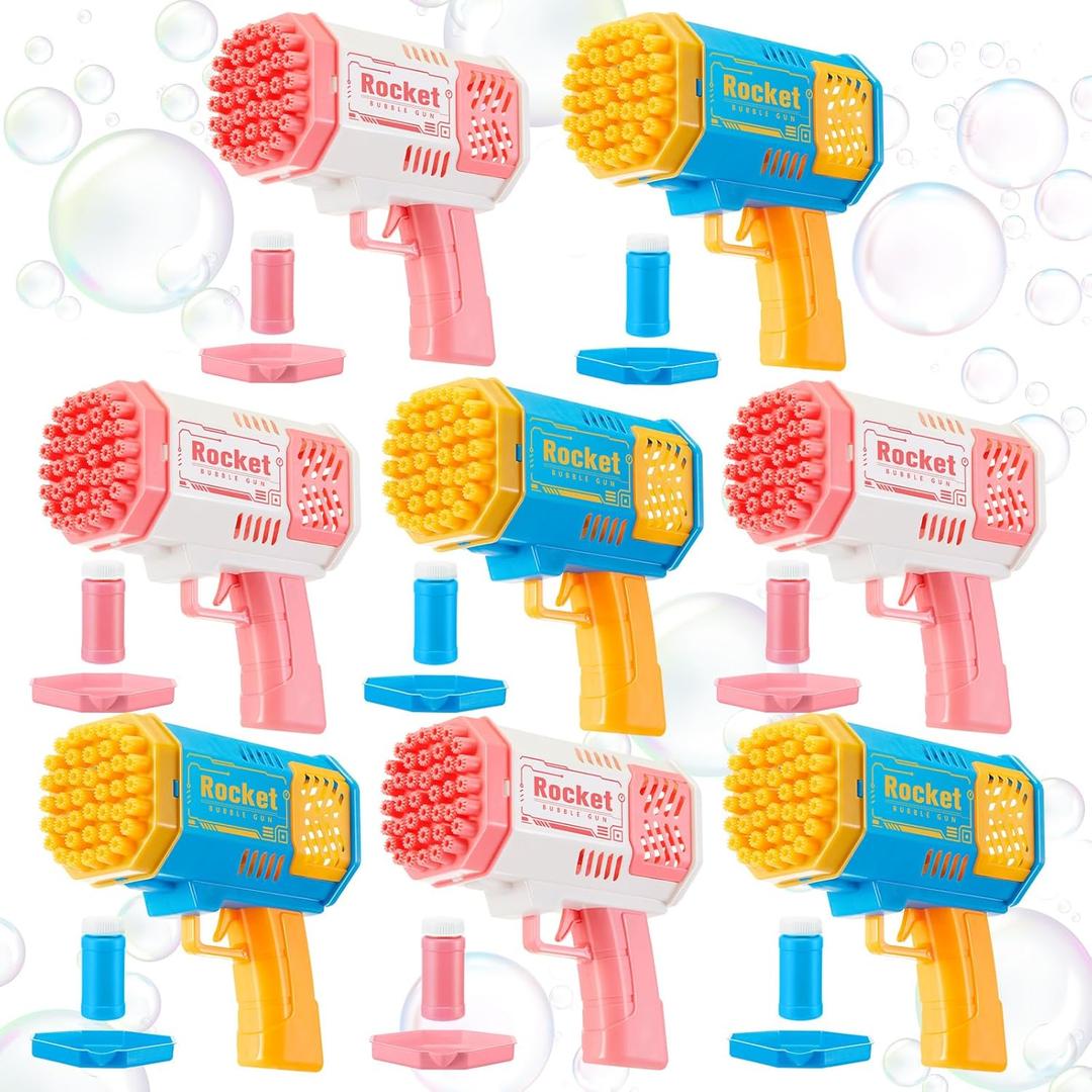8-Pack Bubble Gun with Solution Refill, 40-Hole Automatic Rocket Shape Bubble Machine Blaster Blower Bulk for Wedding, Outdoors, Party Favors, Photo Prop, Reception Entertainment