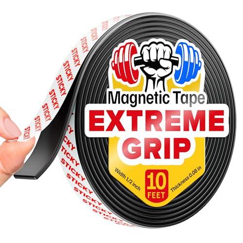 Super Sticky Magnetic Tape (10 feet x 1/2 inch) - Stong Magnet Strip with Adhesive Backing for DIY & Crafts - Easy to Cut and Mount on Fridges, Whiteboards & More