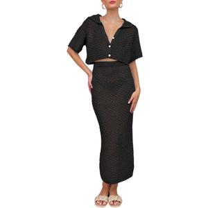 Saodimallsu Women Crochet Beach Cover Up Set Knit Crop Button Short Sleeve Collar Top Bodycon Long Skirt 2 Piece Outfits