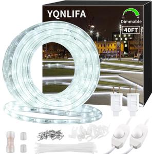 40ft LED Rope Lights, Dimmable 432 LEDs IP65 Waterproof Outdoor Indoor Linkable Cuttable Rope Light, 110V 6000K Daylight White Christmas Rope Light for Patio Garden Corridor Party Decor