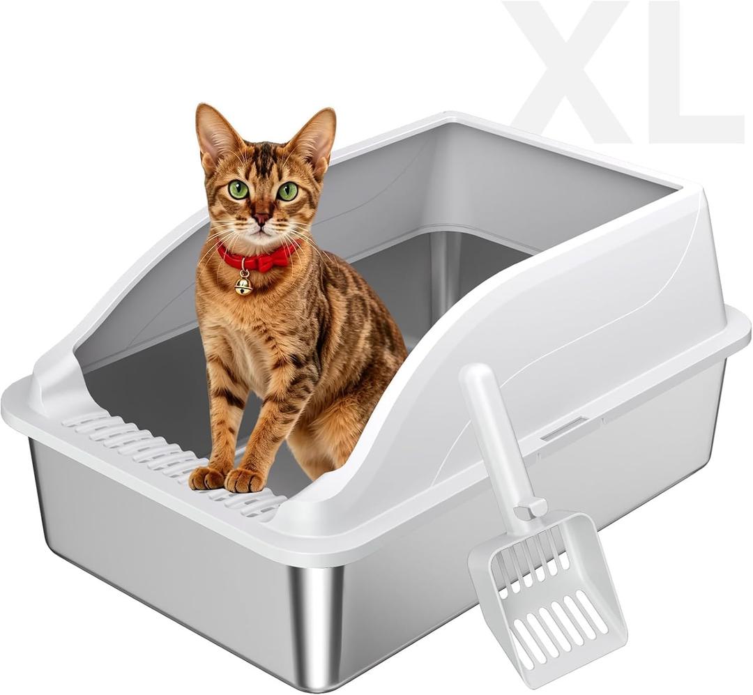 Stainless Steel Cat Litter Box, Extra Large XL Odor Free Metal Litter Box with High Sides Lid, Open Top Litter Pan Include Scoop Easy Cleaning Kitty Cat Box Anti-Urine Leakage, Non-Sticky