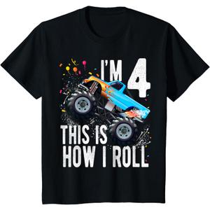 Kids 4 Year Old 4th Birthday Boy Monster Truck Car T-Shirt, XS