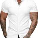 URRU Men's Muscle Dress Shirts Slim Fit Stretch Short Sleeve Casual Button Down Shirts for Men (Large)