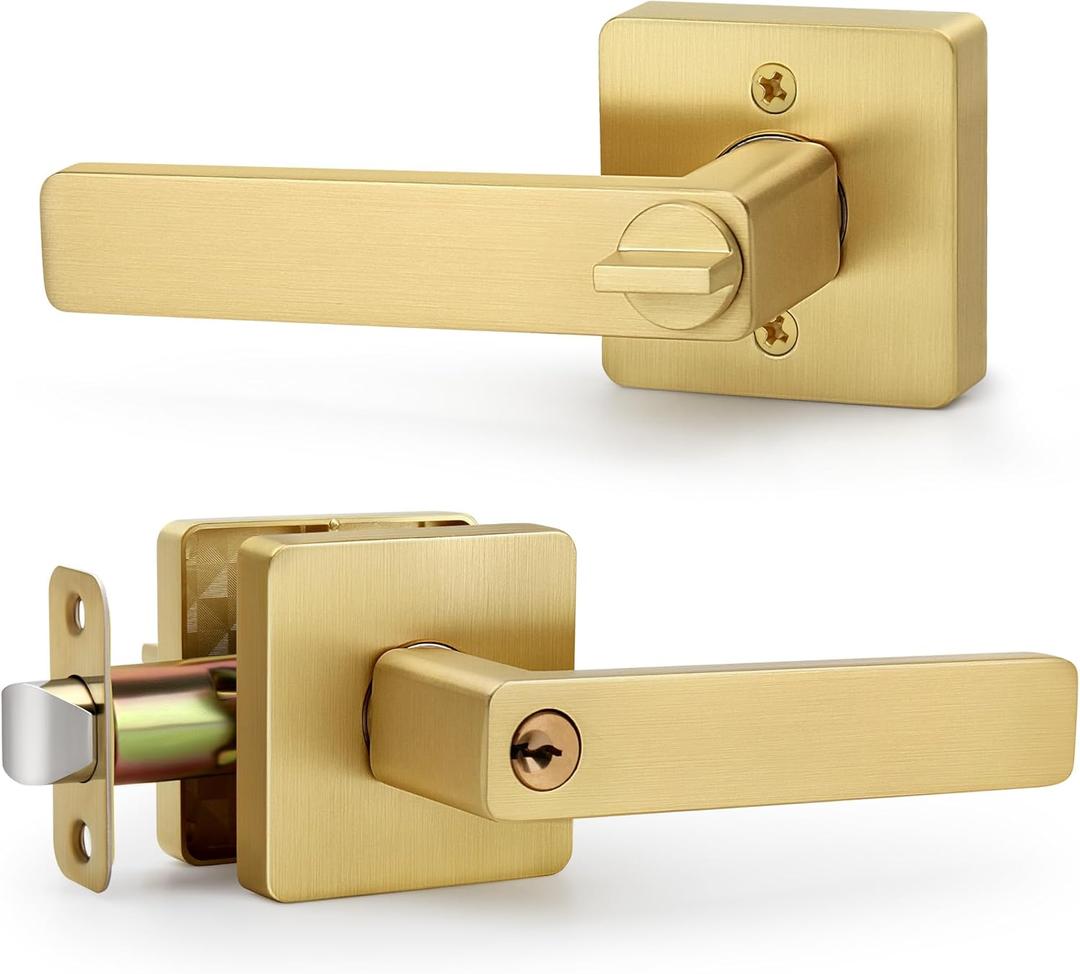 Square Keyed Entry Door Lever, Brushed Gold Door Handles, Heavy Duty Door Lever with Keys and Lock Gold Door Handle Reversible Door Handle for Right/Left Handed Entrance Front Door Bedroom (1 Pack, Satin Brass)