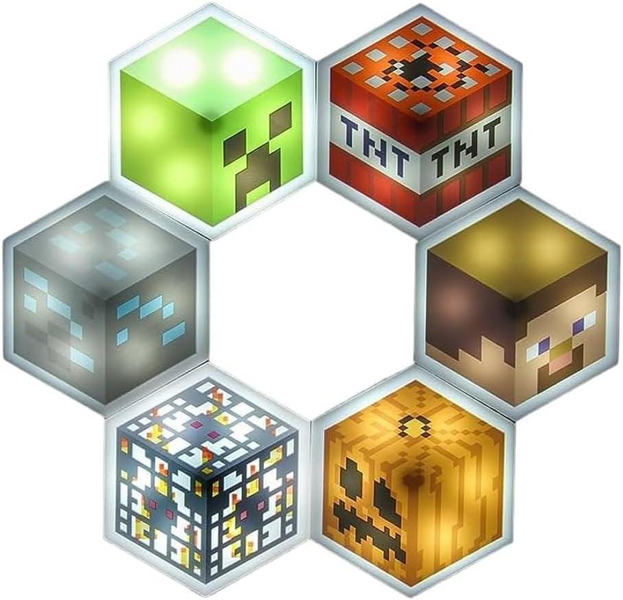 Paladone Minecraft Officially Licensed LED Hexagon Block Light Customizable Iconic Gamer Decor for Boys Room, Wall Mounting Remote or Touch Control Gaming Accessory Gift - Creeper, TNT and Steve