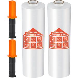 JARLINK Stretch Film, 80 Gauge,15 Inch x 1000 Feet Shrink Wrap for Pallet Wrap, Industrial Strength Stretch Wrap up to 800% Stretch with Handles, Moving Wrapping Plastic Roll, 2 Pack