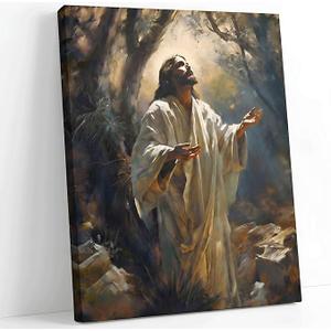 Jesus Canvas Wall Art Jesus Praying In The Garden Of Gethsemane Wall Decor Picture Christian Prayer Poster Print Painting for Living Room Bedroom Church Decoration Ready to hang