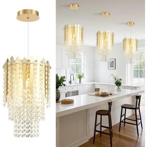 9.6in Gold Pendant Light with K9 Crystals, 3-Light Modern Pendnant Lighting Fixture Small Hanging Ceiling Lamp Chandelier for Kitchen Island Dining Room Bedroom Entryway Foyer