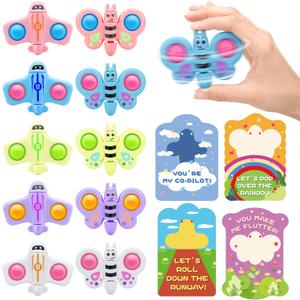 Valentines Day Cards for Kids School  28 Pack Fidget Spinner Pop-It Toys with Airplane & Butterfly Valentines Greeting Cards, Classroom Exchange Valentines Gifts, Bulk Set for School Valentines Party