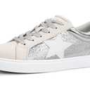 PARTY Women's Fashion Sneaker Lace Up Low Top Comfortable Cushioned Walking Shoes, Podcast, Silver Met, 8.5