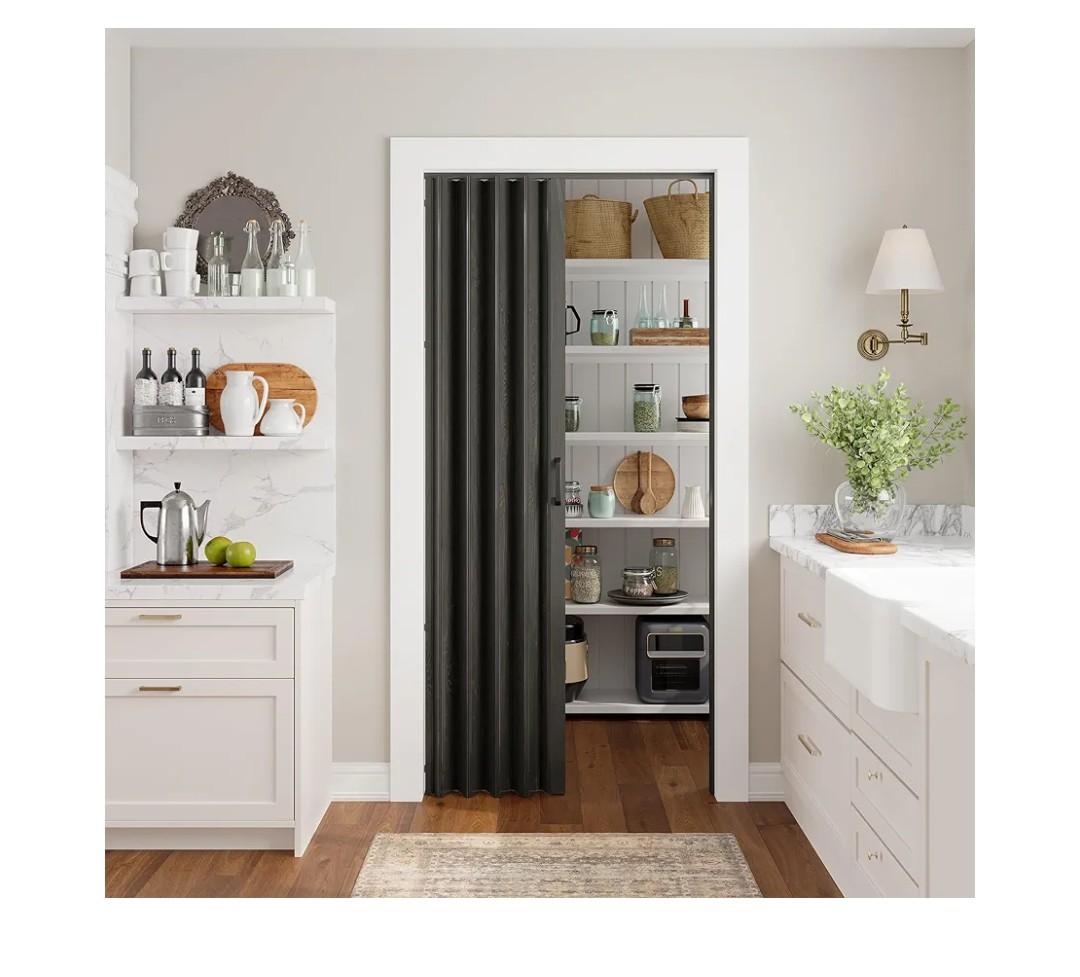 PVC Accordion Folding Doors for Doorway, Include Door, Mounting Hardware and Handle, Double-Layer for Closet Bathroom Basement, Black