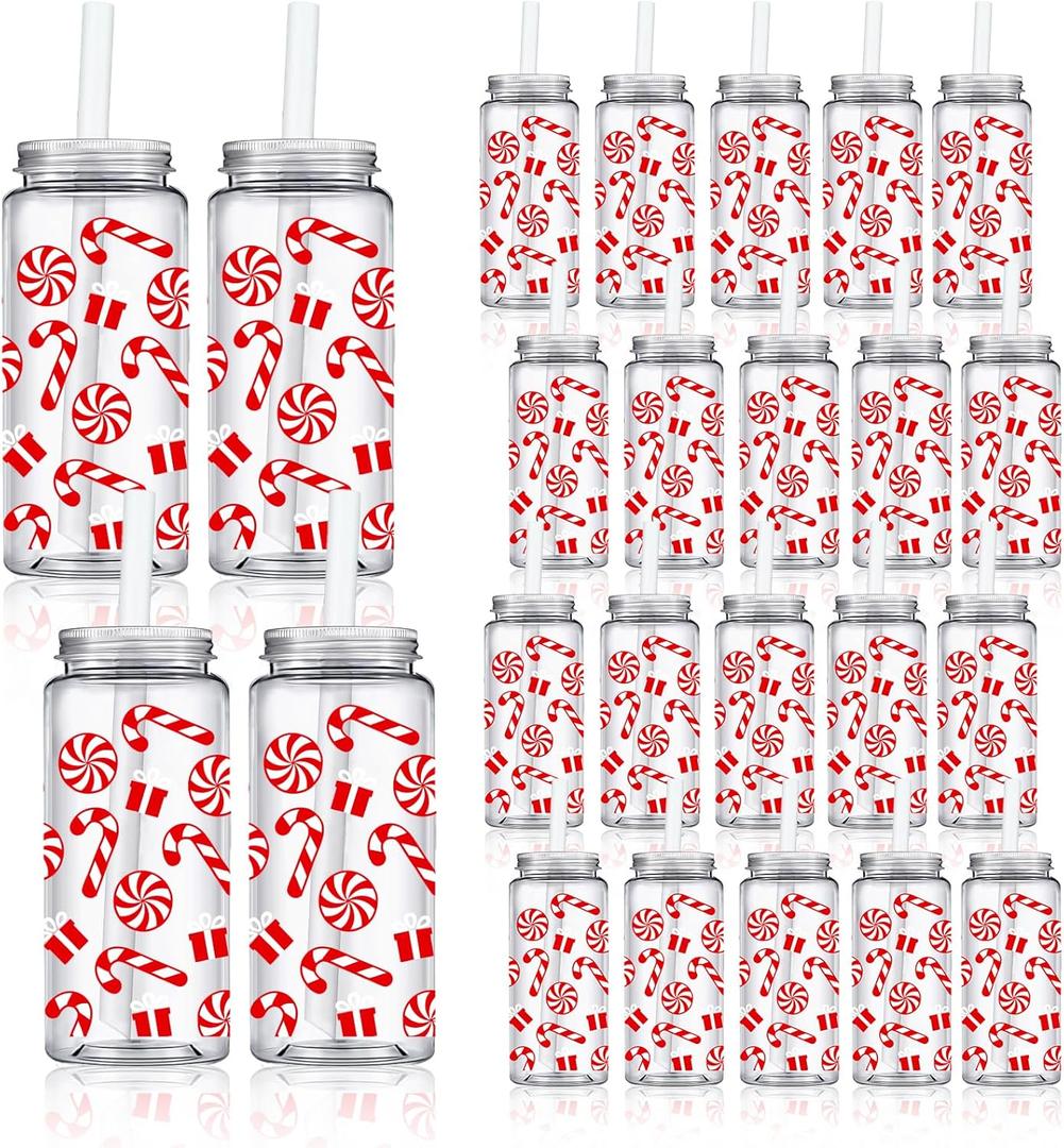 Whaline 20Pcs Christmas Candy Plastic Cups with Lids and Straws Clear Xmas Winter Party Drinking Cups Peppermint Candy Cane Reusable Tumblers for Holiday Party Supplies