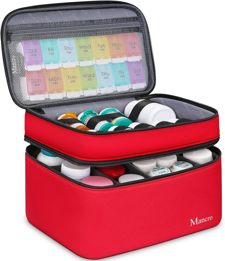 Mancro Dual Layers Medicine Organizer Bag, Pill Bottle Organizer Storage with Lockable Zipper, Medication Travel Bag for Pills, Vitamins, Medical Supplies for Home Storage, Travel (Red)