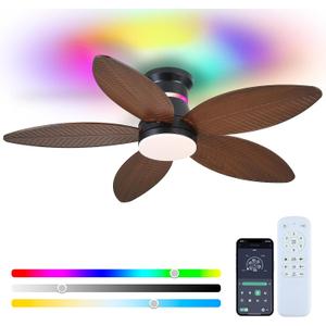 Tropical Palm Leaf RGB Ceiling Fans with Lights 46, Brown Flush Mount Ceiling Fan with Light and Remote, 3CCT Dimmable LED&&Side RGB Light, Reversible 6 Speeds, Quite Low Profile Ceiling Fan Party