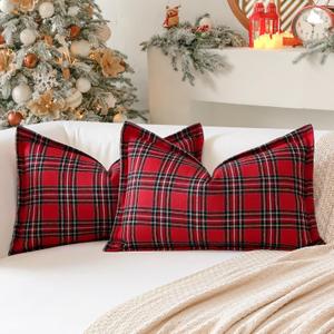 OTOSTAR Pack of 2 Christmas Scottish Plaid Throw Pillow Covers Decorative Check Tartan Lumbar Pillow Covers with Stitched Edge for Sofa Couch Bed Farmhouse Home Decor 12x20 Inches, Red