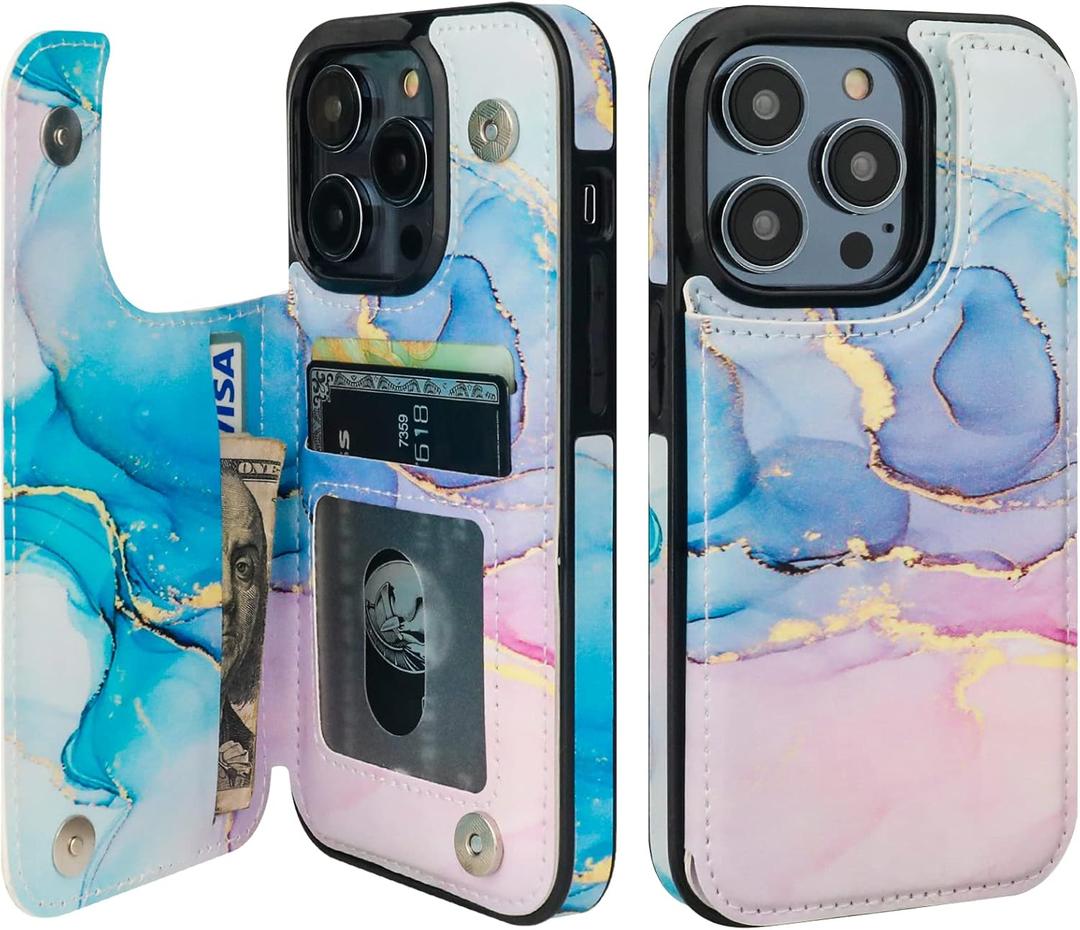HAOPINSH for iPhone 14 Pro Wallet Case with Card Holder, Pink Blue Marble Pattern Back Flip Folio PU Leather Kickstand Card Slots Case for Women Girls, Double Magnetic Clasp Shockproof Cover 6.1"