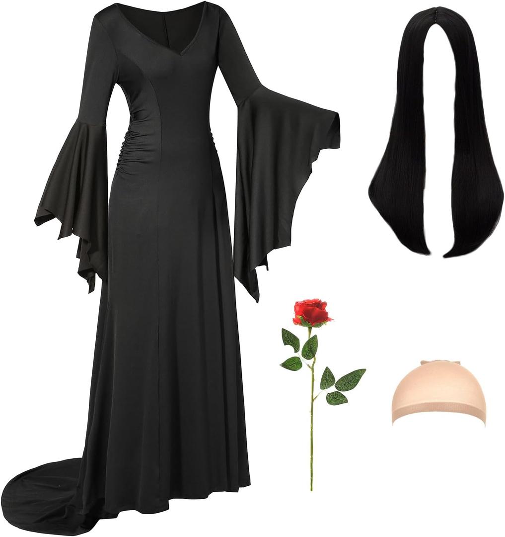 Adult Black Gothic Dress for Halloween Costume Women Cute Soft Goth Dress with Wig Flower Accessories (Black, L)