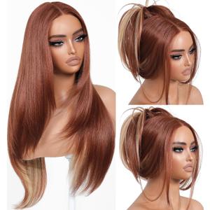 Cooper Blond Wear and Go Glueless Wigs Pre Plucked Pre Cut for Beginners Synthetic Lace Front Wigs For Woman With Bangs Long layered Straight 26 Inch Ginger Highlights 3 Seconds to Wear