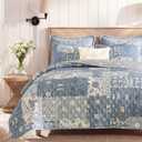 BLOOMHAVEN Quilt Set King Size, Patchwork Blue Floral Quilt Sets, Reversible Bedspread Lightweight and Breathable for All Seasons, Soft Quilted Bedspread with 2 Pillow Shams