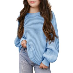 Haloumoning Girls Sweaters Long Sleeve Crewneck Pullover Jumper Cute Winter Knit Blouse Tops 7-14 Years (Blue)