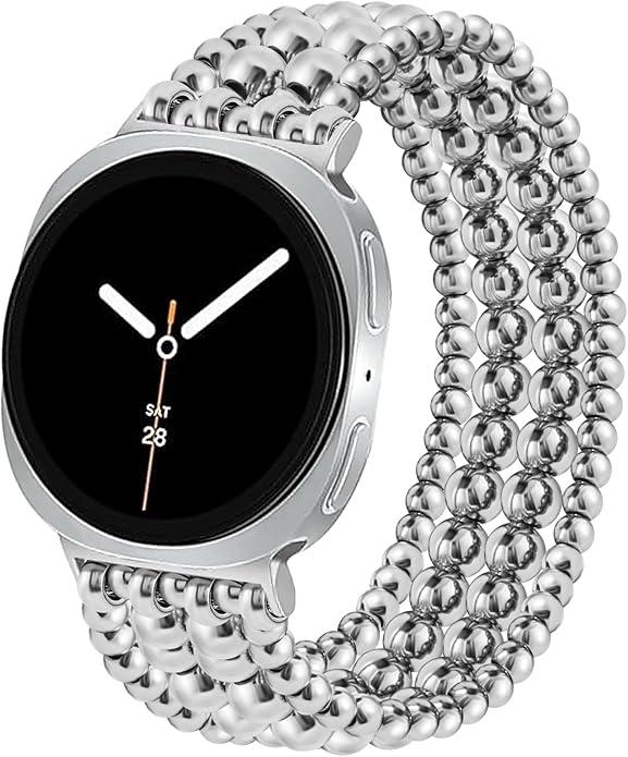 Dressy Beaded Bracelet Compatible with Samsung Galaxy Watch 8 Band 40mm 44mm/8 Classic 46 mm Women, Fashion Cute Strechy Stainless Steel Beads Strap for Galaxy Watch 8 (Silver Galaxy Watch 8-L(6.2"-7.3"))