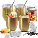 Stainless Steel Wine Tumblers - Gold Wine Glasses Set of 4, Stemless Unbreakable Glass with Lid and Straw 4 pack, Gold Tumblers