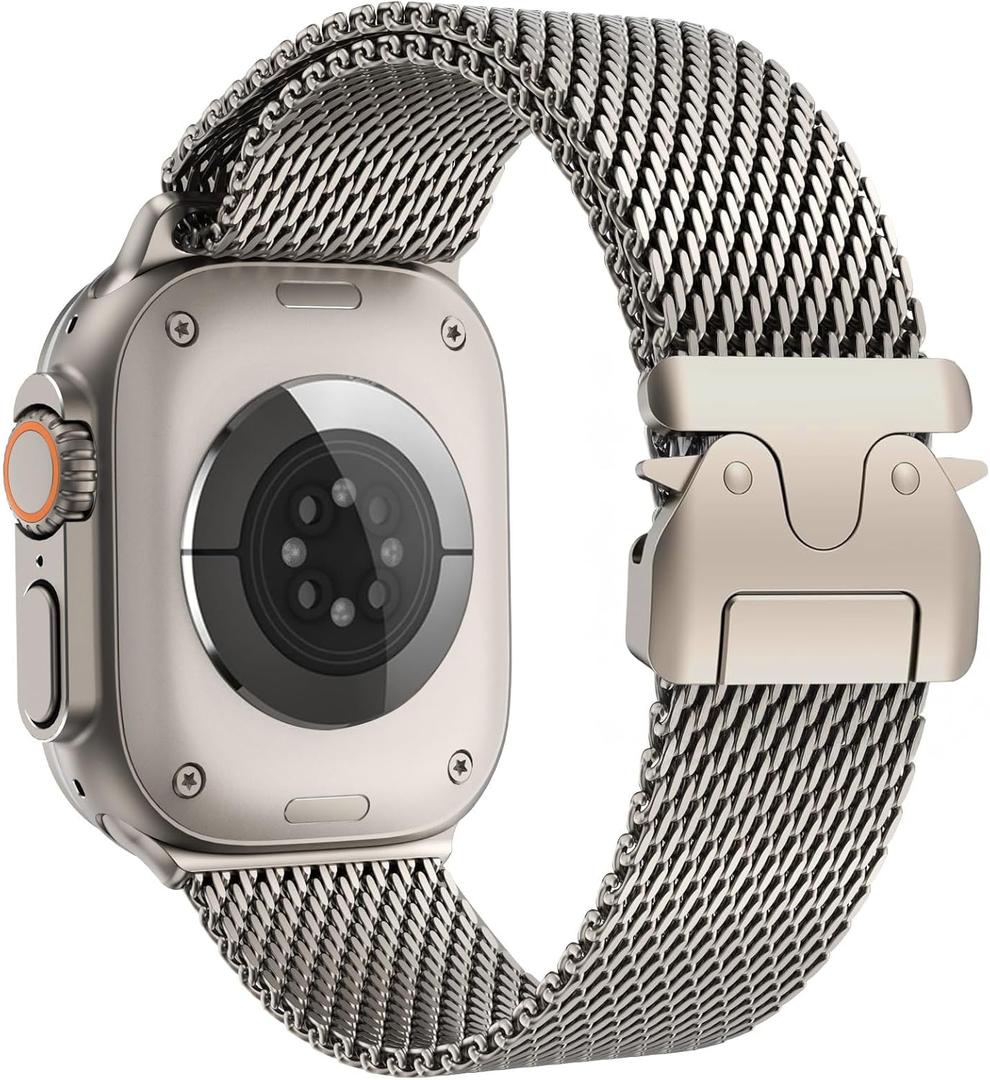 Milanese Loop Band Compatible with Apple Watch Bands Ultra 3/2/1 49mm 46mm 45mm 44mm for Women Men, Parachute-style Buckle Stainless Steel Metal Mesh Strap Bracelet for iWatch Series 11 10 SE 9 8 7 6 5 4 (Natural)