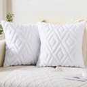 Pallene Spring Pure White Throw Pillow Covers 18x18 Set of 2, Soft Plush Faux Fur Decorative Couch Pillow Covers for Sofa Bed Living Room Pillow Cases with 3D Diamond Pattern