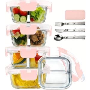 5 Pack Bariatric Meal Prep Containers, 8 oz Bariatric Bowls for Portion Control, Reusable Glass Snack Food Containers with Lids & Folding Spoon & Fork & Knife, Bariatric Must Haves (Pink)