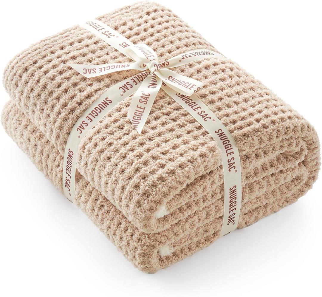 Snuggle Sac Waffle Throw Blanket for Couch Bed Sofa 50x60 inches, Reversible Beige Blanket Microfiber Fluffy Fuzzy Cozy Knit Soft Throws for Women Mothers Birthday Gifts, Waffle Beige