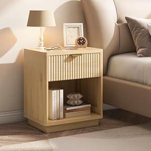 Nasonet Fluted Nightstand Charging Station, Wood Modern Night Stands Storage Cabinet for Bedroom, Oak Bedside Table with Drawers