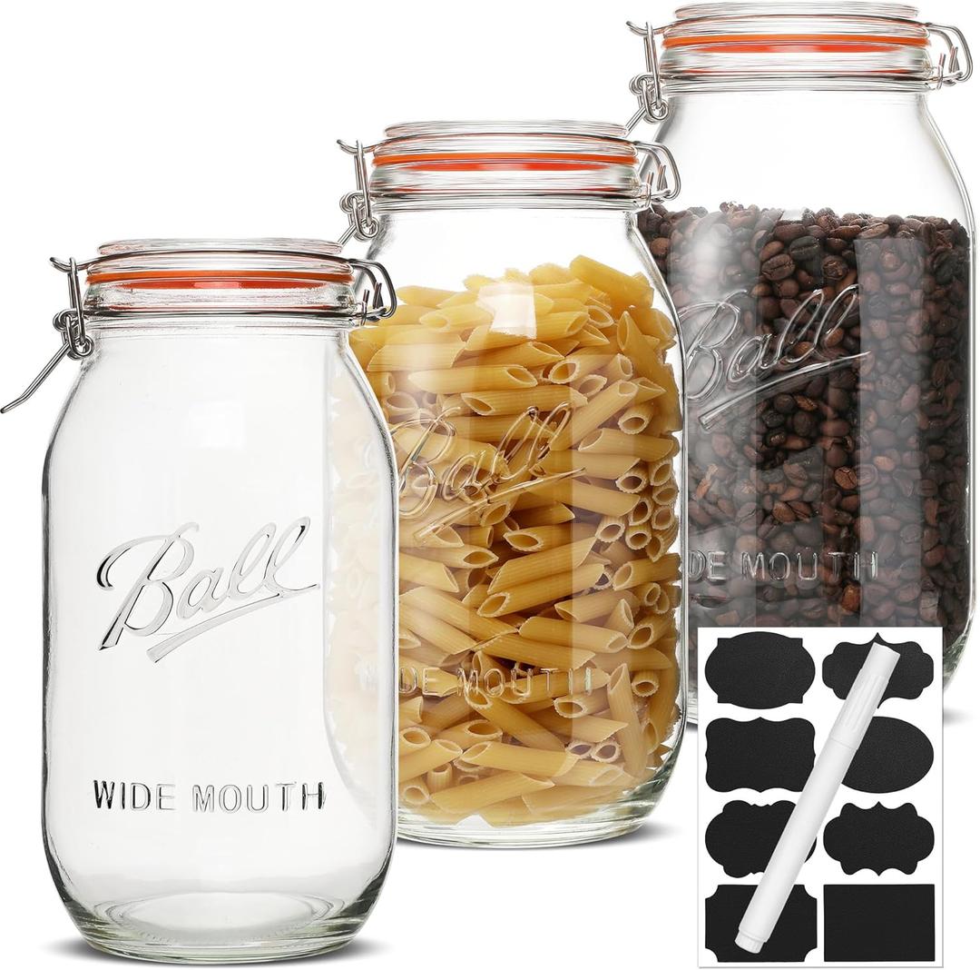 64oz Wide Mouth Mason Jars (3 Pack)  Reusable Airtight Glass Storage Jars with Hinged Lids, BPA-Free, Dishwasher Safe, Perfect for Canning, Pickling, Coffee & Fermenting