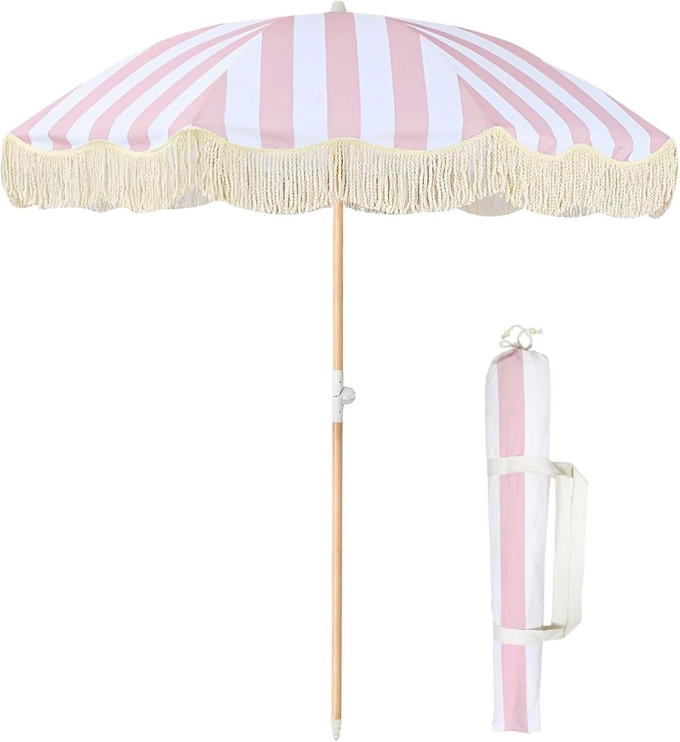 Lefedrasticity Boho Outdoor Umbrella with Tassels,6ft Table Umbrella Outdoor Patio with Knobs Tilt,Wind Resistant Portable Beach Umbrella UPF50+ Fringe Umbrellas For Pool Backyard Deck Garden (Pink Stripe)