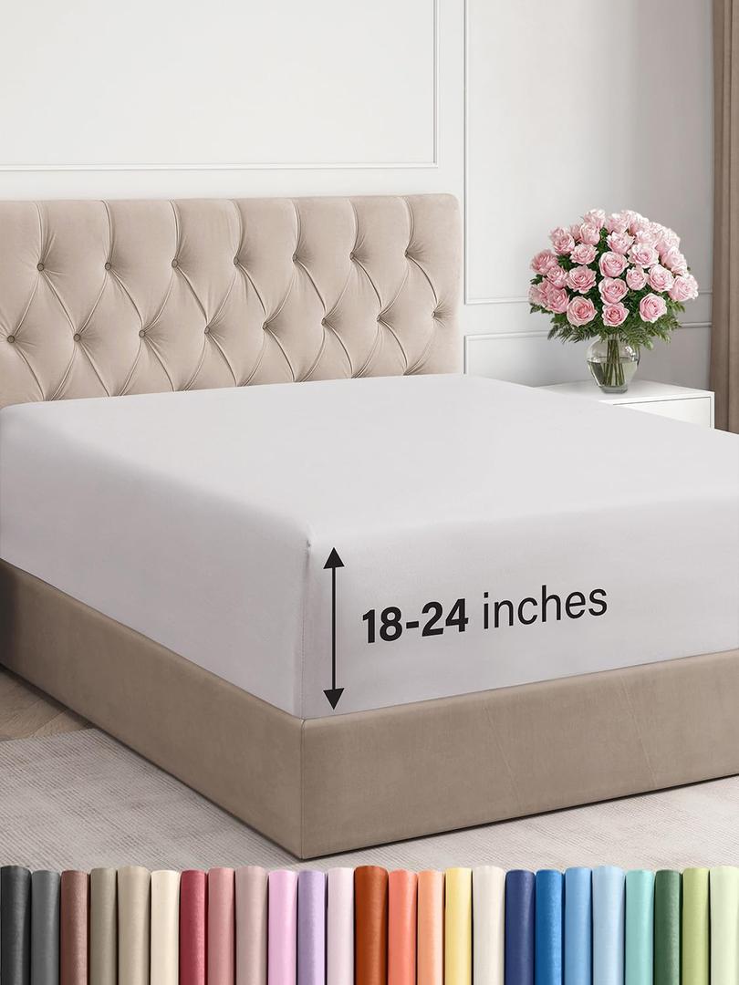 Extra Deep King Fitted Sheet - Hotel Luxury Single Fitted Sheet Only - Easily Fits 18 inch to 24 inch Mattress - Ultra Soft, Wrinkle & Fade Free w/Extra Deep Pocket - Breathable & Comfy - French Grey